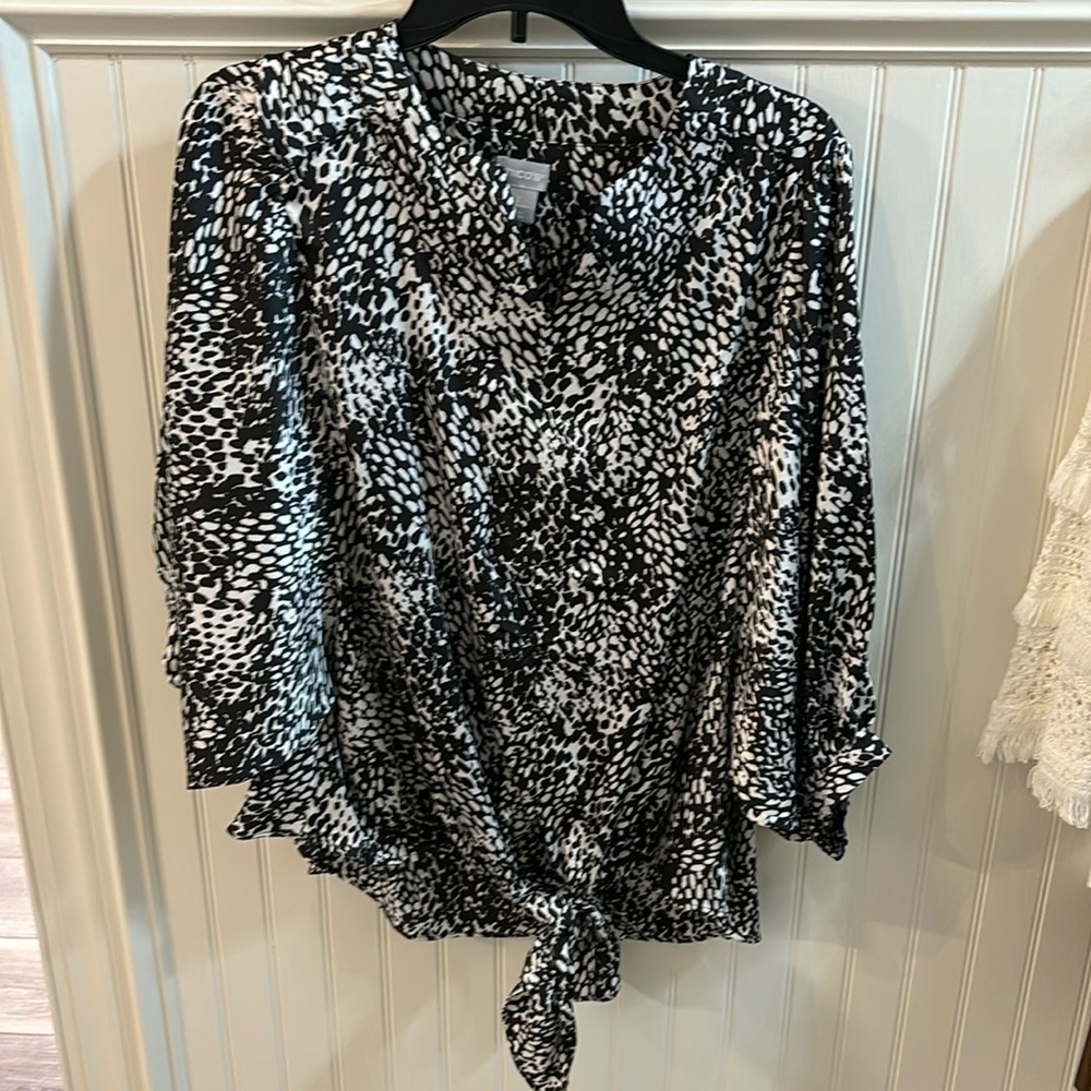 Chico's Black and White Tie Front Blouse with Notched Collar